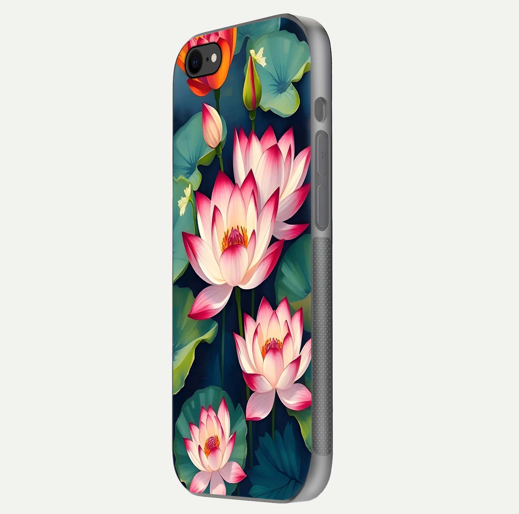 Lotus Dream Serenity Glass Case for iPhone 7 side-angle image revealing reflection clarity and calm tones