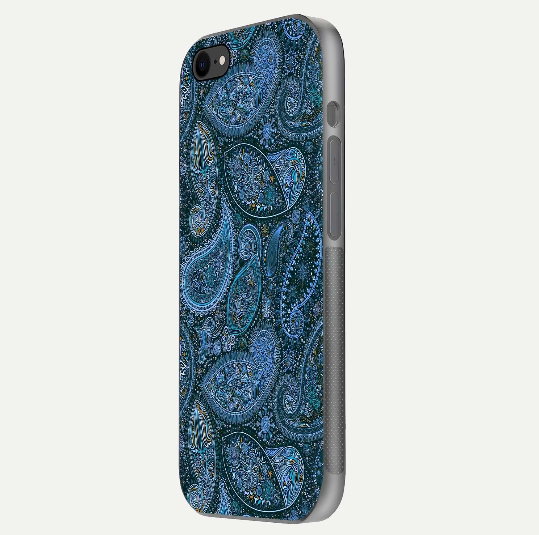 Midnight Paisley Glow Glass Case for iPhone 7 side-angle image revealing reflective gloss and paisley art
