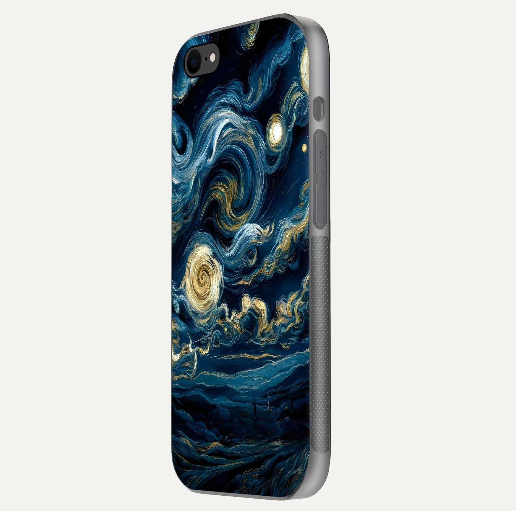 Midnight Sky Whirl Glass Case for iPhone 7 side-angle image showing reflection depth and galaxy pattern
