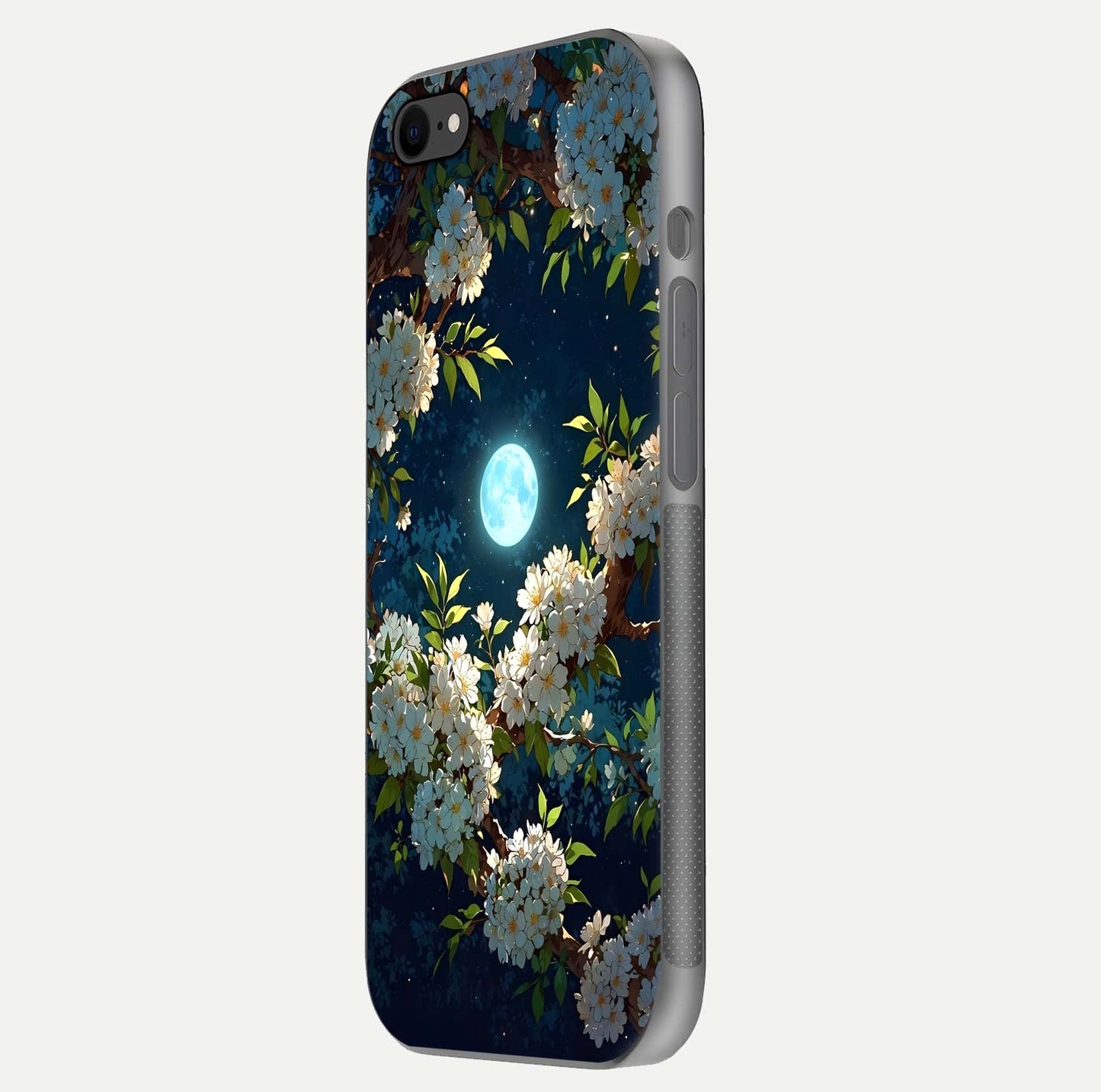 Moonlit Blossom Dream Glass Case for iPhone 7 side-angle image showing shine depth and flower glow