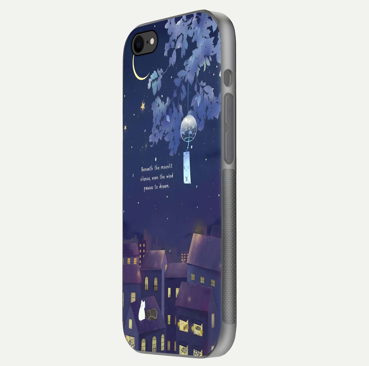 Moonlit Cat Silence Glass Case for iPhone 7 side-angle image showing HD gloss and feline artwork detail