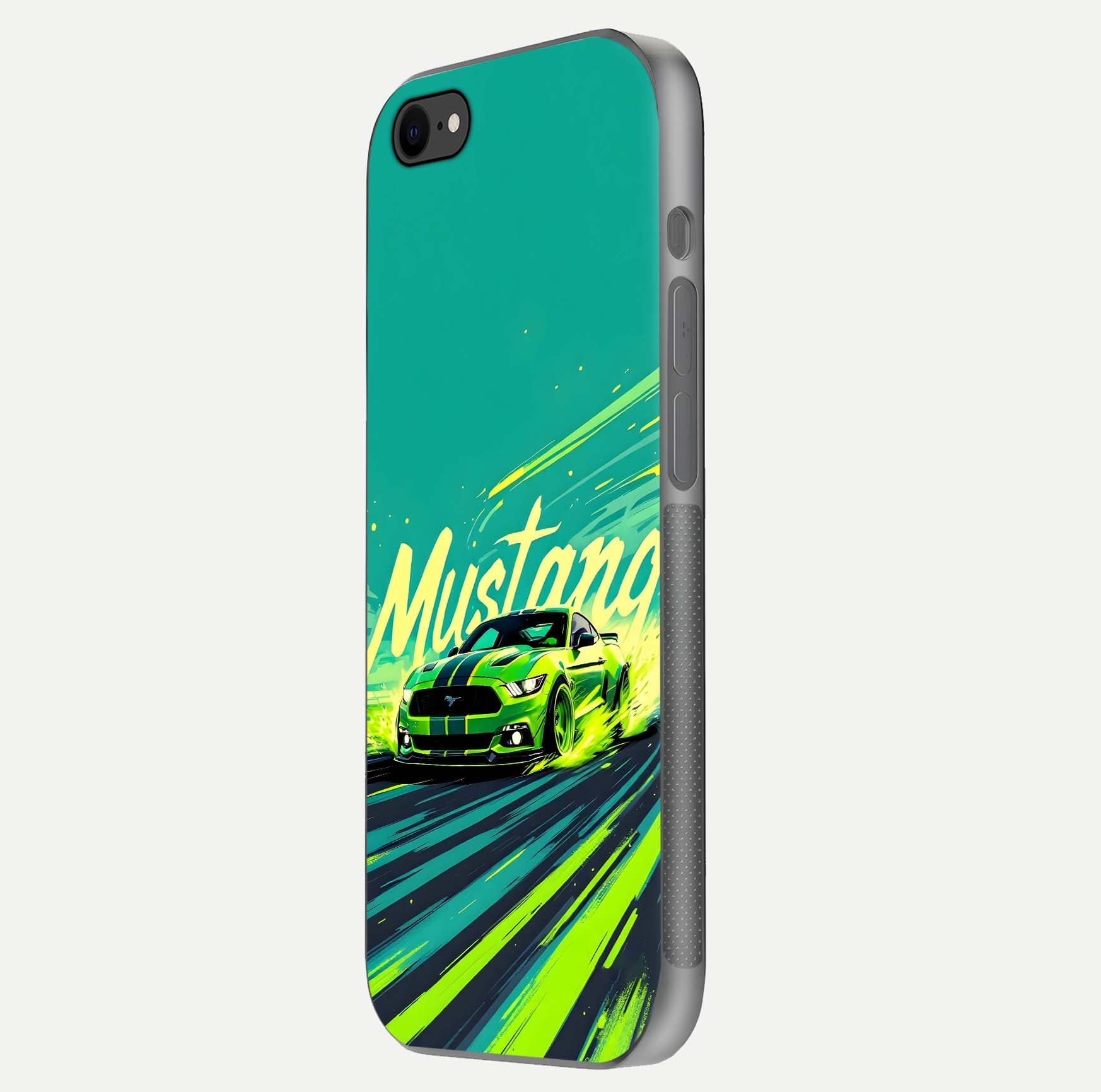 Mustang Bang Glass Case for iPhone 7 side-angle image showing reflection clarity and bold car artwork