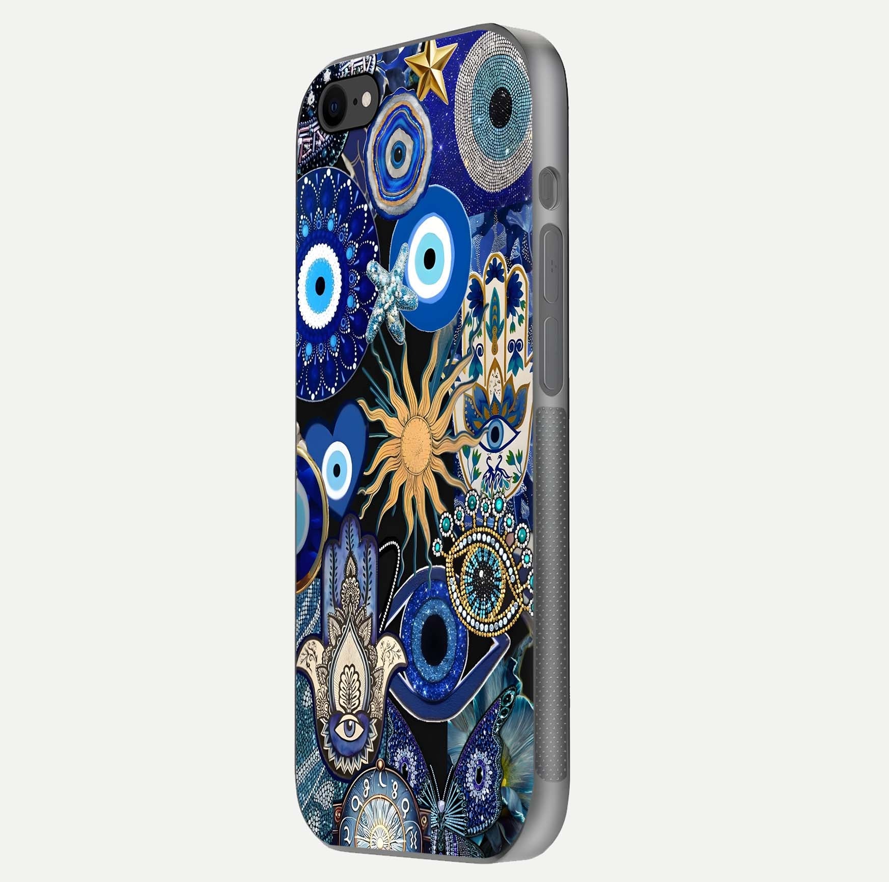 Mystic Blue Evil Eye Glass Case for iPhone 7 side-angle image showing smooth gloss and charm design