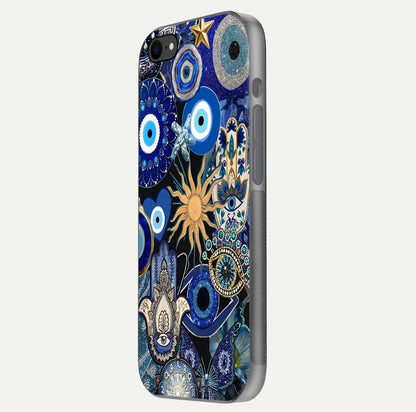 Mystic Blue Evil Eye Glass Case for iPhone 7 side-angle image showing smooth gloss and charm design