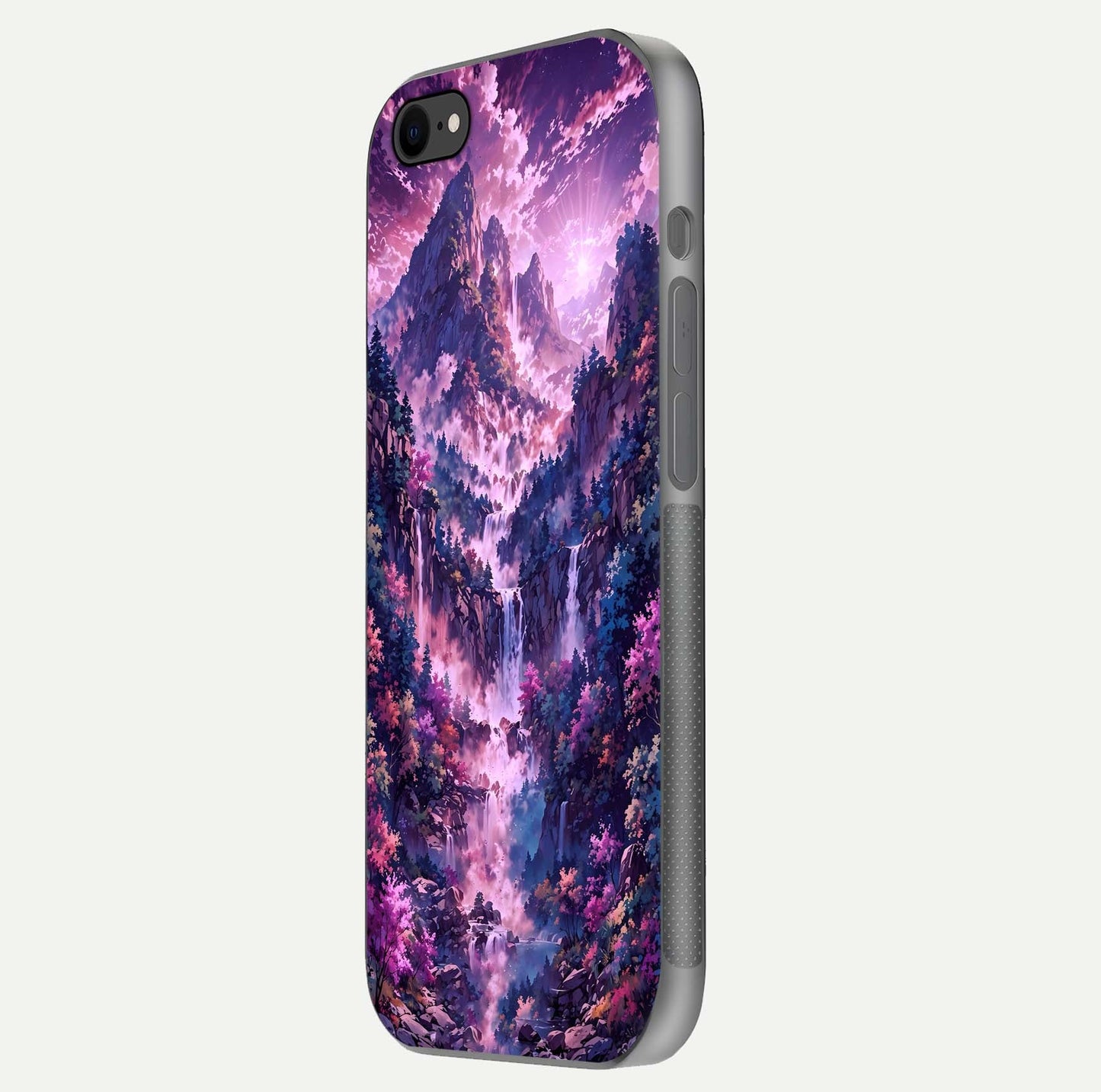 Mystic Cascade Peaks Glass Case for iPhone 7 side-angle image showing reflection and scenic art clarity