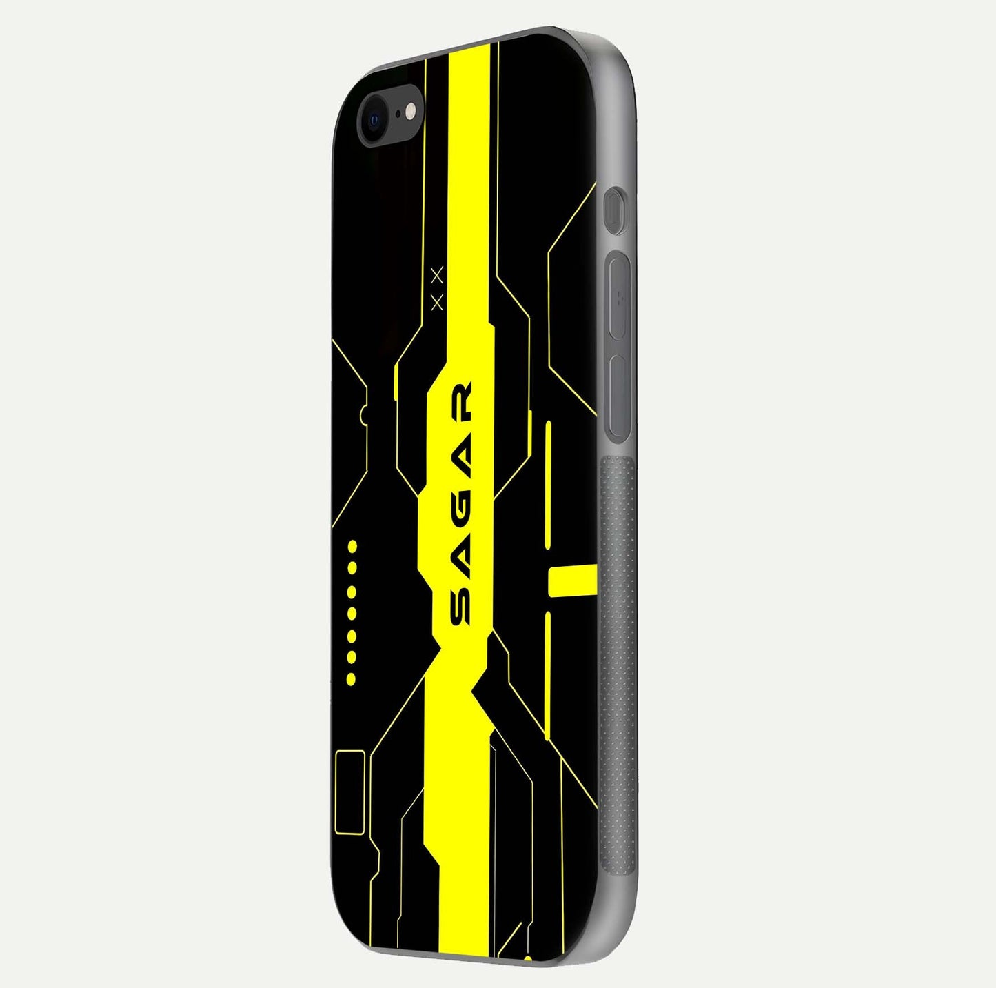 Neon CYBERPUNK Custom Name Glass Case for iPhone 7 side-angle image showing glow depth and bold print