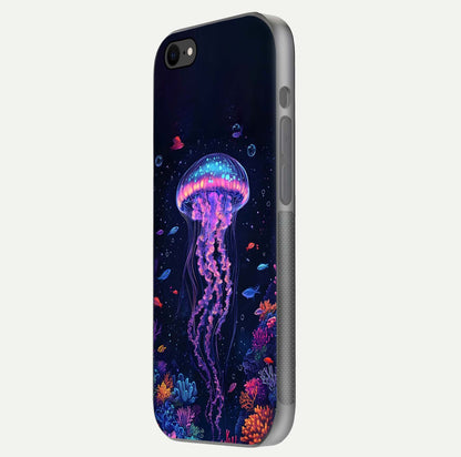 Neon Jellyfish Glass Case for iPhone 7 side-angle image showing reflection and oceanic light detailing