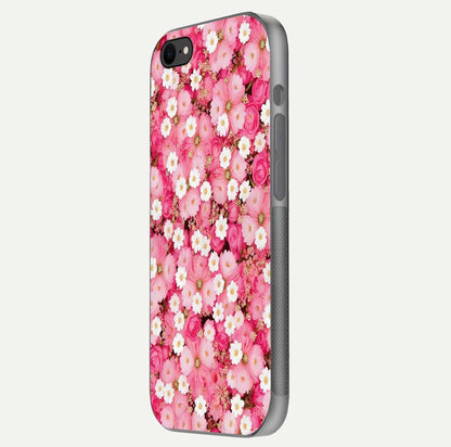 Pink Daisy Bliss Glass Case for iPhone 7 side-angle image showing delicate daisy pattern and glass reflection