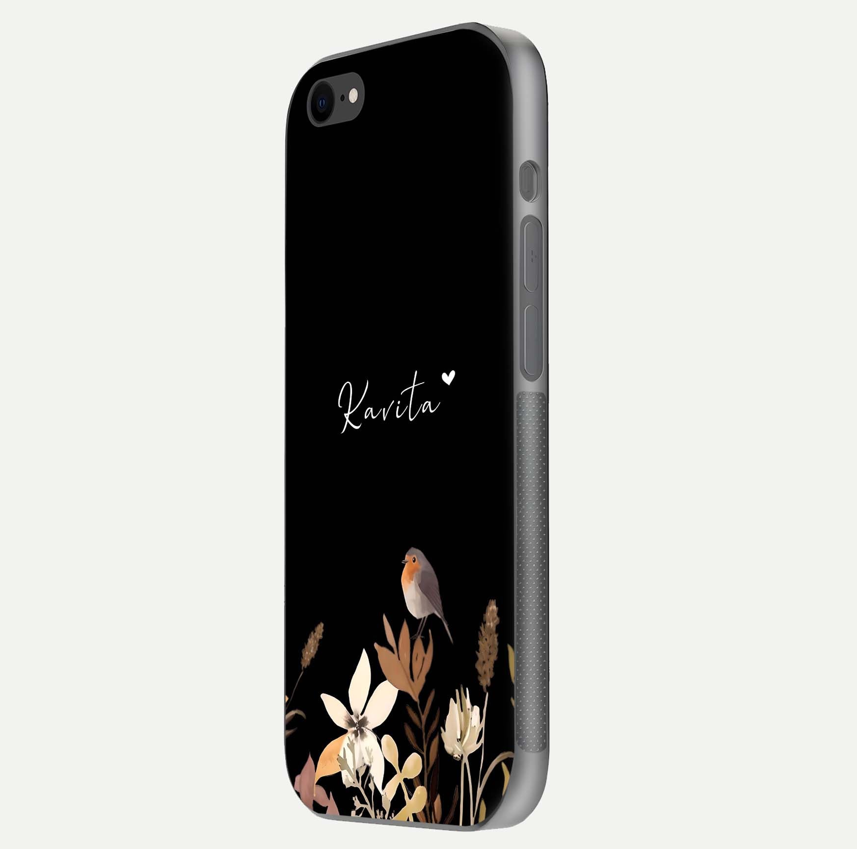 Quiet Garden Tune Custom Name Glass Case for iPhone 7 side-angle image showing reflection and floral design