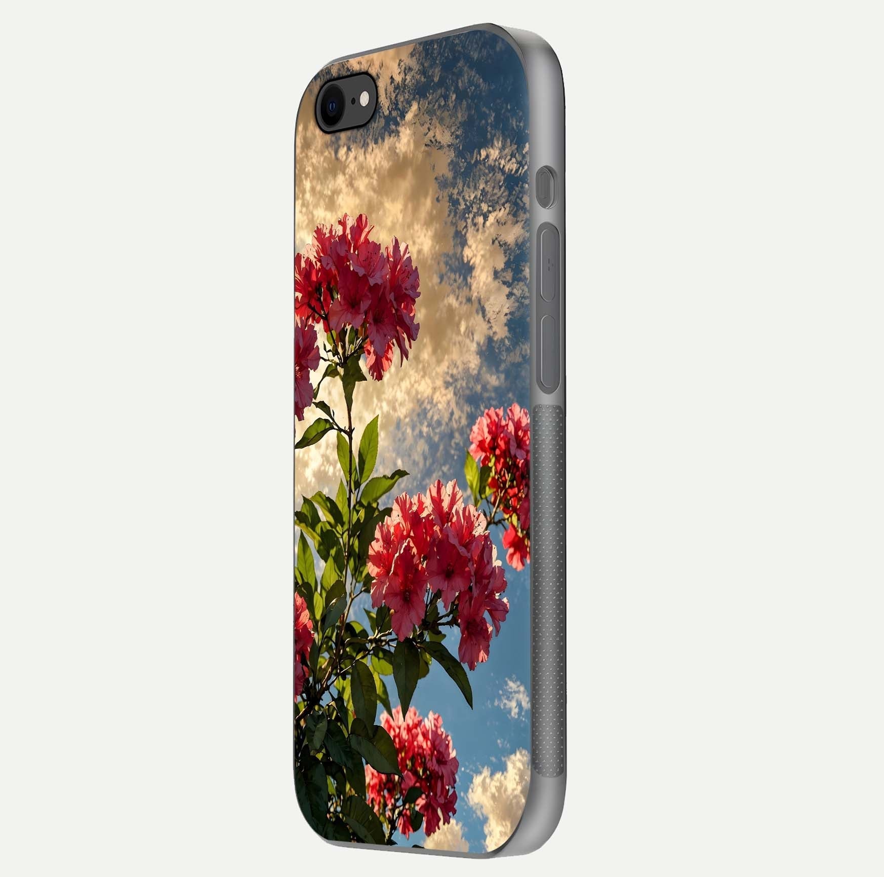 Red Bloom Skies Glass Case for iPhone 7 side-angle image showing reflection, print clarity, and tone blend