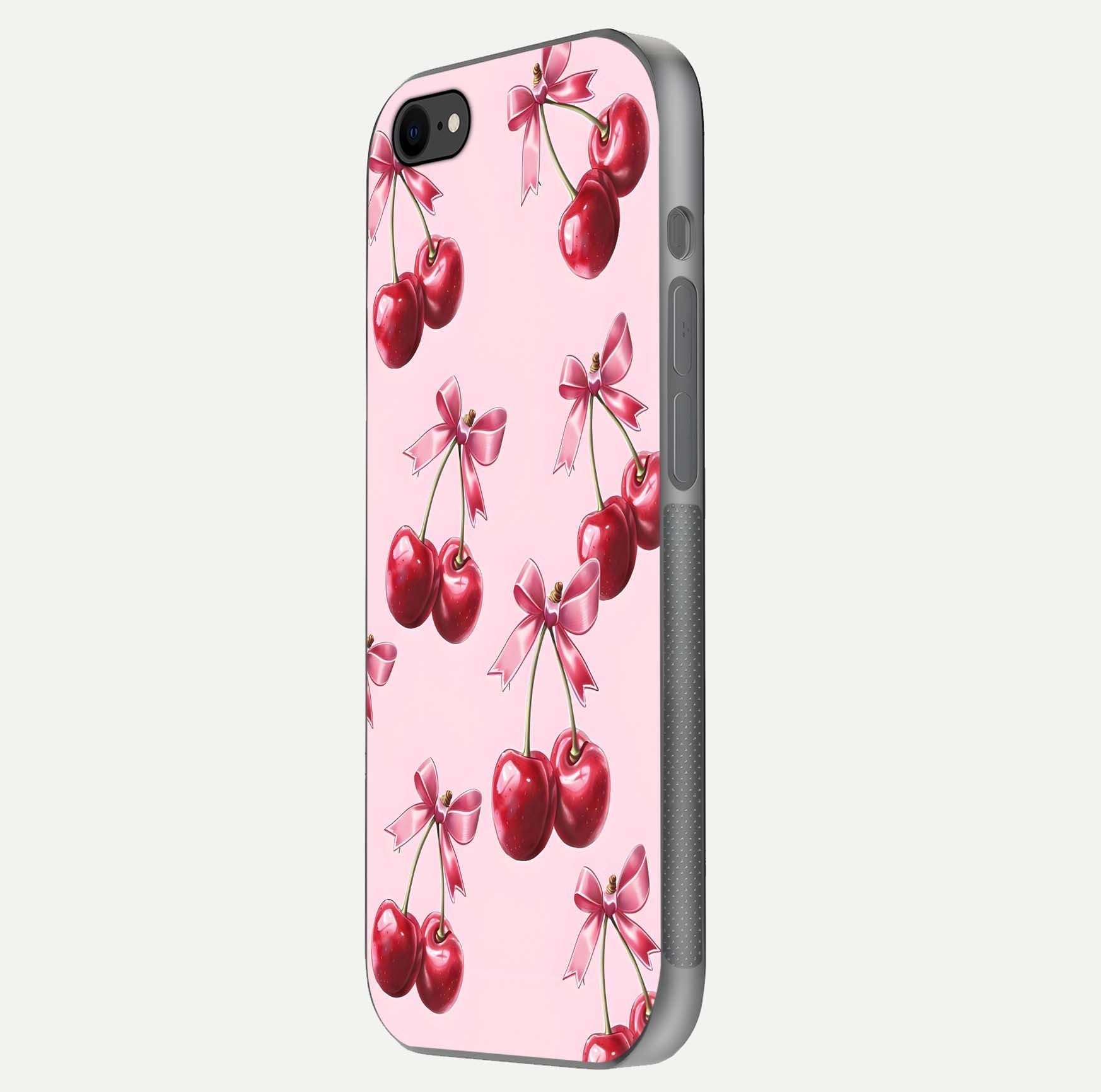 Red Cherries Pattern Glass Case for iPhone 7 side-angle image showing gloss surface and cherry details