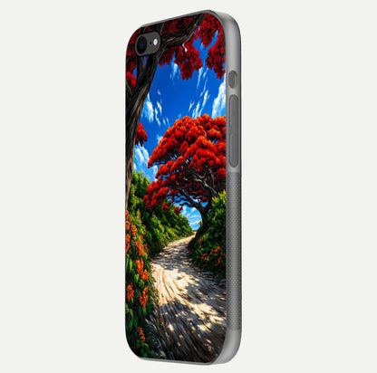 Red Trees Pathway Glass Case for iPhone 7 side-angle image showing reflection and autumn vibe