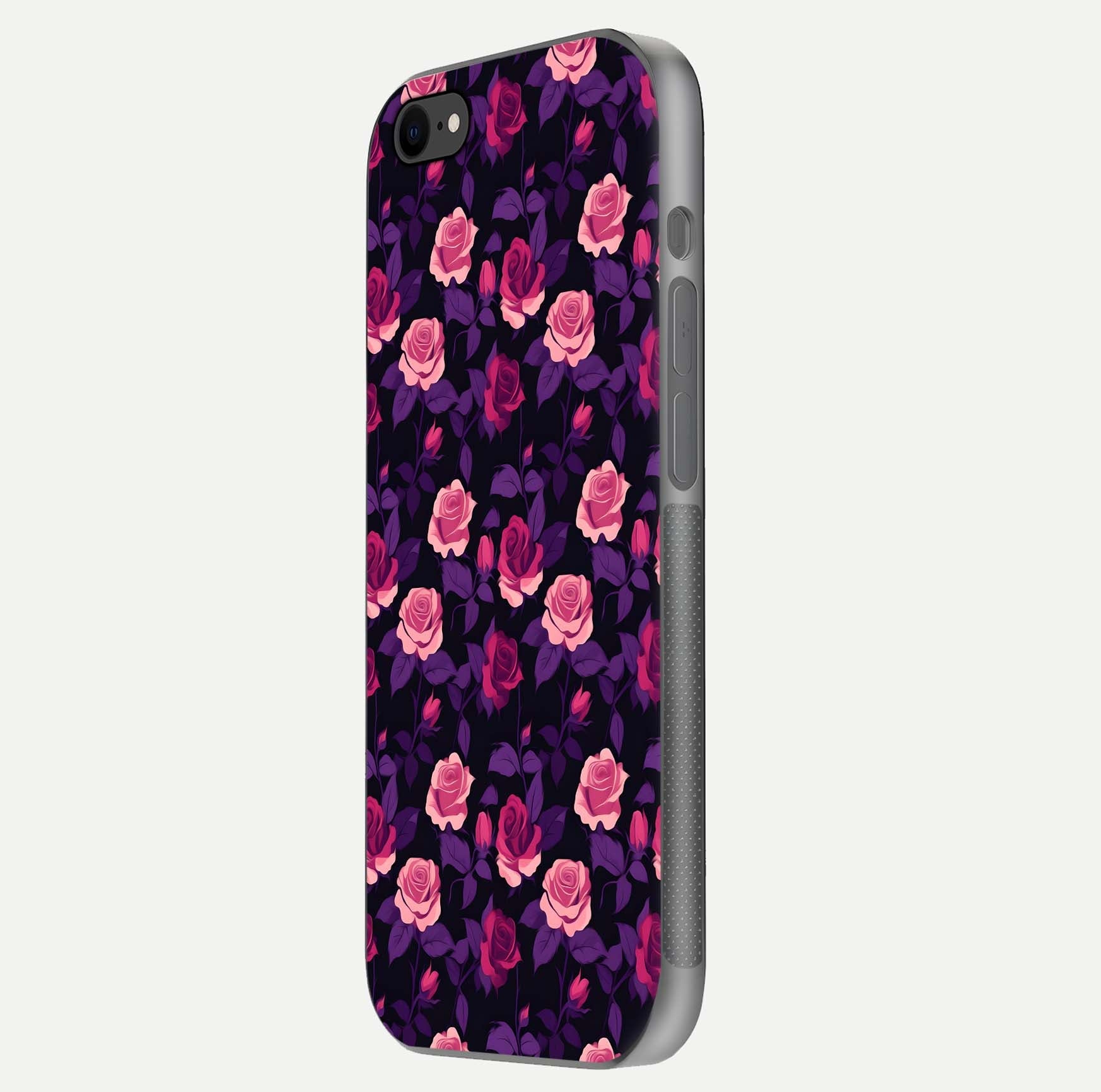 Rose Garden Twilight Glass Case for iPhone 7 side-angle image showing reflection, gloss, and floral detail
