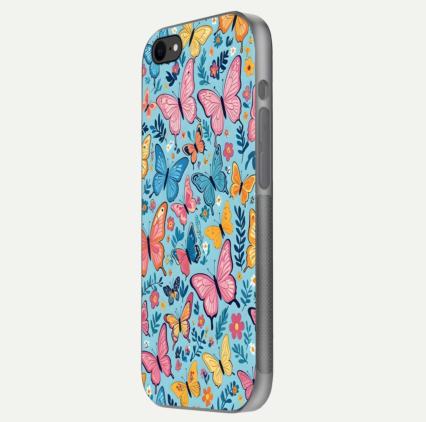 Spring Wing Garden Glass Case for iPhone 7 side-angle image showing shine, color, and pattern depth