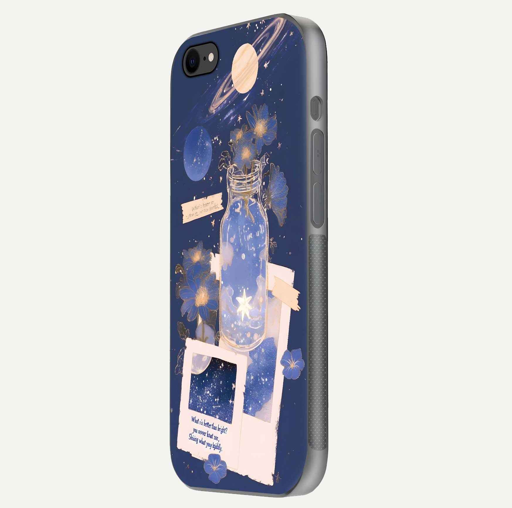 Starlit Cosmic Jar Glass Case for iPhone 7 side-angle image showing glow, texture, and light reflection