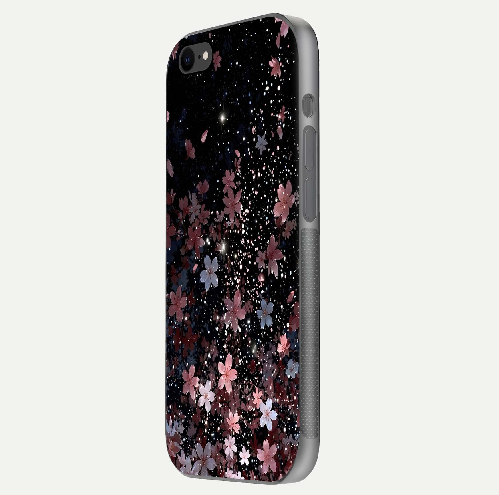 Starlit Flower Dreams Glass Case for iPhone 7 side-angle image showing shine, edge detail, and floral contrast
