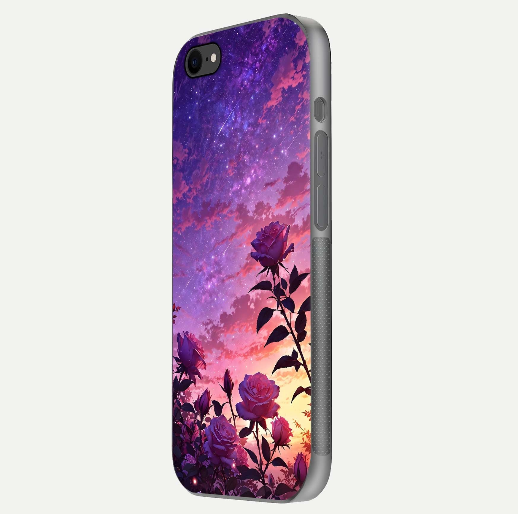 Starlit Rose Twilight Glass Case for iPhone 7 side-angle image showing reflection and petal contrast