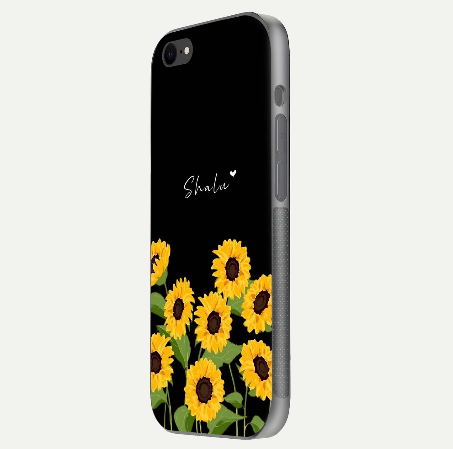 Sunflower Chic Mood Custom Name Glass Case for iPhone 16 Pro side-angle image showing reflection and yellow floral tone