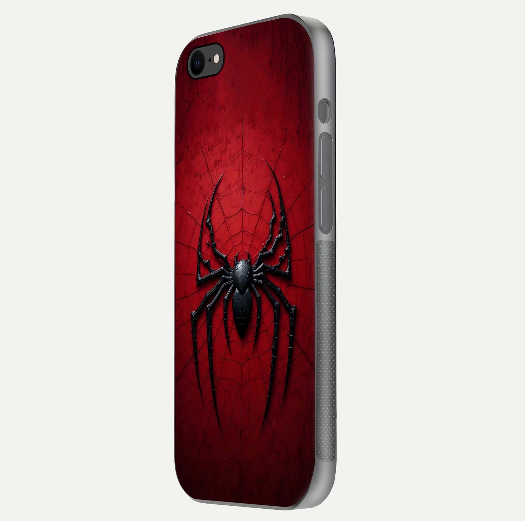 Venom Web Emblem Glass Case for iPhone 7 side-angle image showing reflection and dark color tones