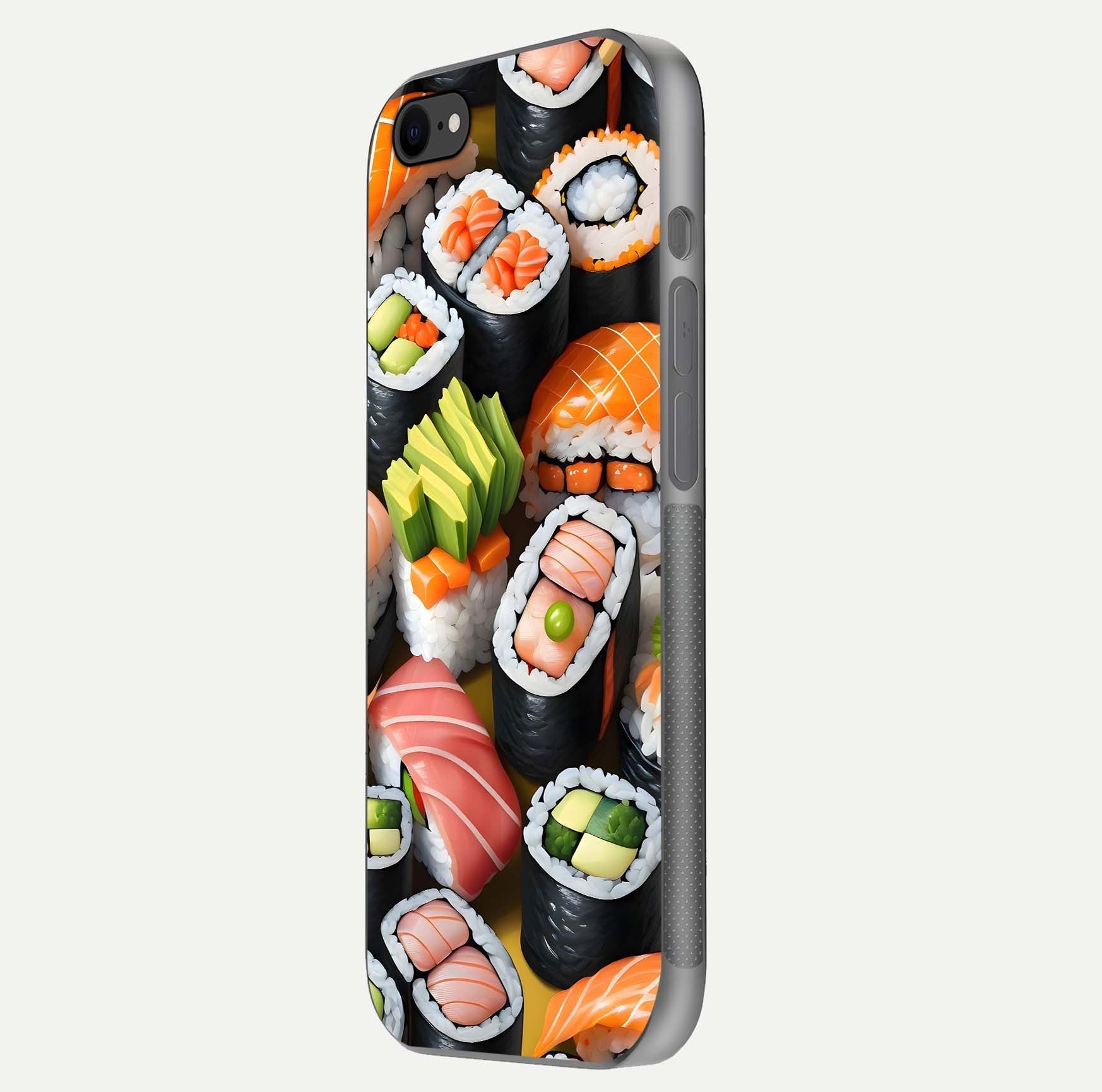 Sushi Food Pattern Glass Case for iPhone 7 side-angle image showing shine, gloss, and sushi artwork