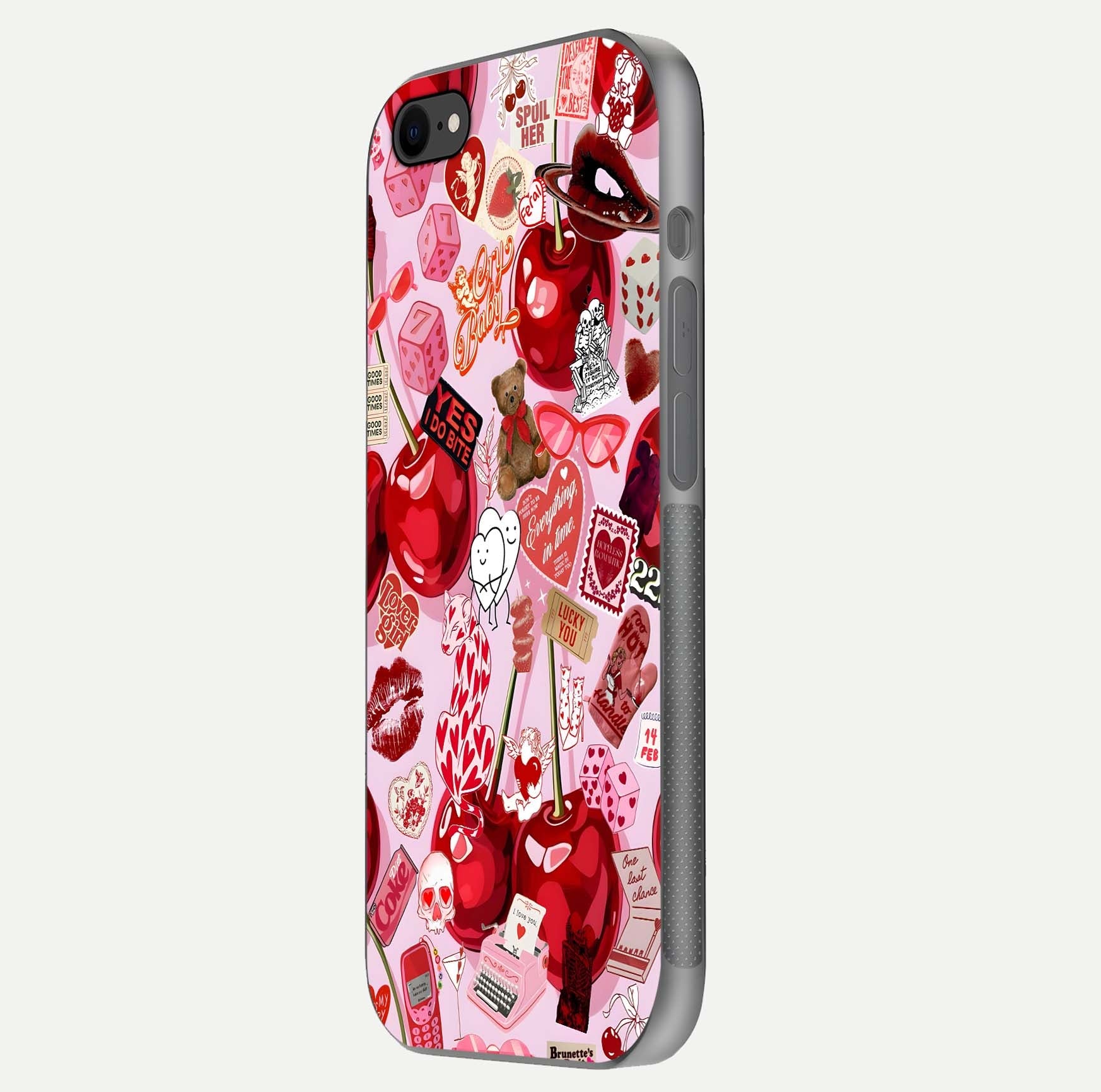 Sweet Cherry Chaos Glass Case for iPhone 7 side-angle image showing shine, gloss, and cherry details