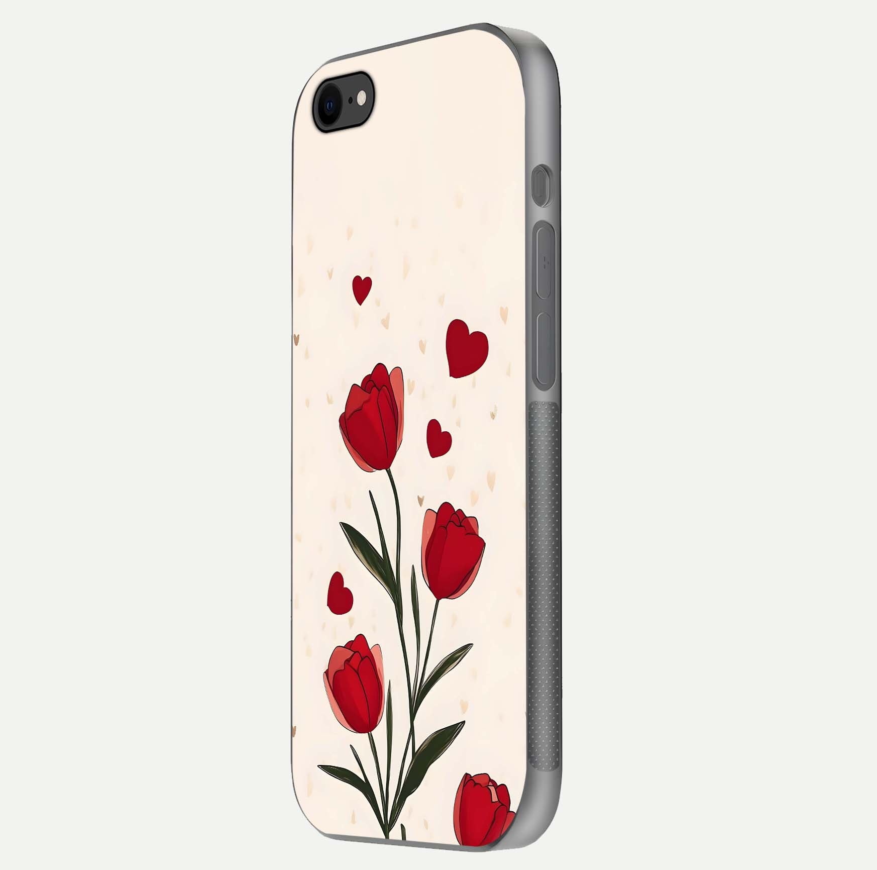 Tulip With Heart Glass Case for iPhone 7 side-angle image showing floral reflection and subtle gradient