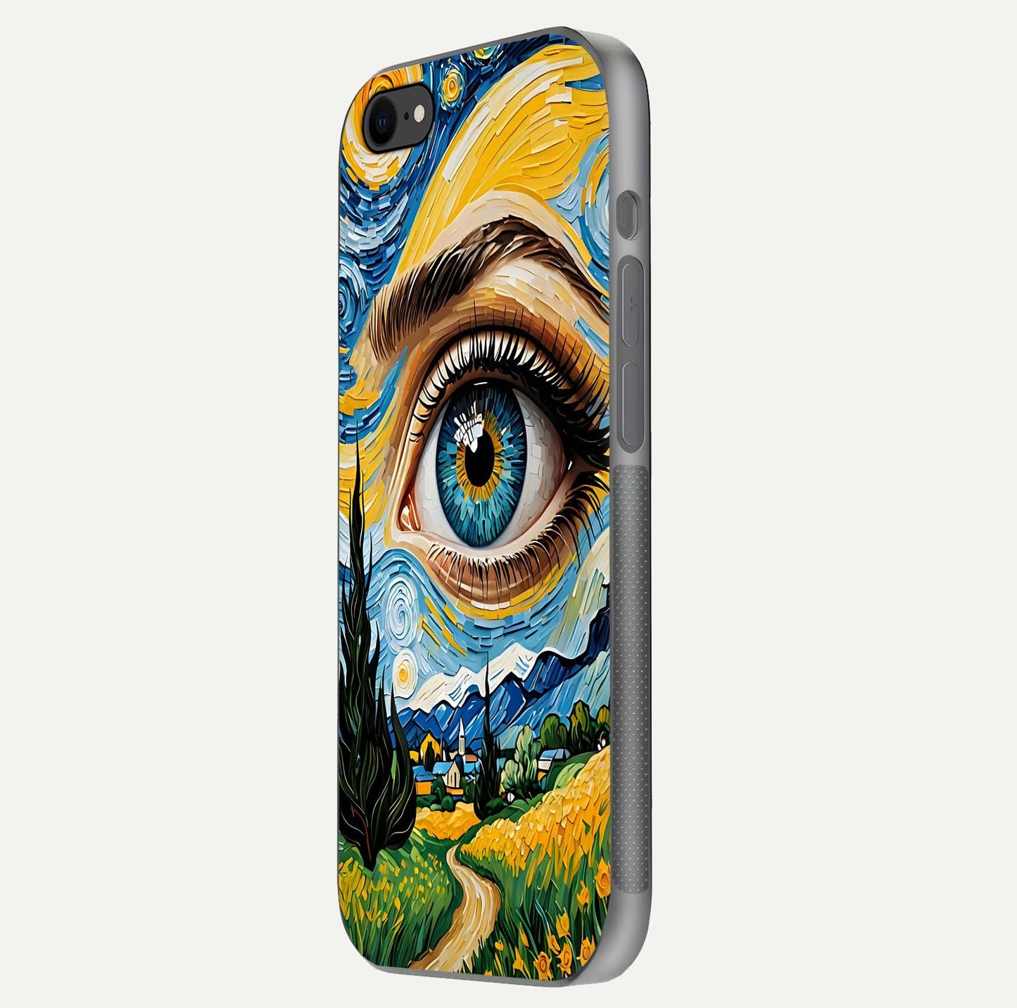 Van Gogh Eye Glass Case for iPhone 16 Pro side-angle image showing reflection, gloss, and artistic contrast