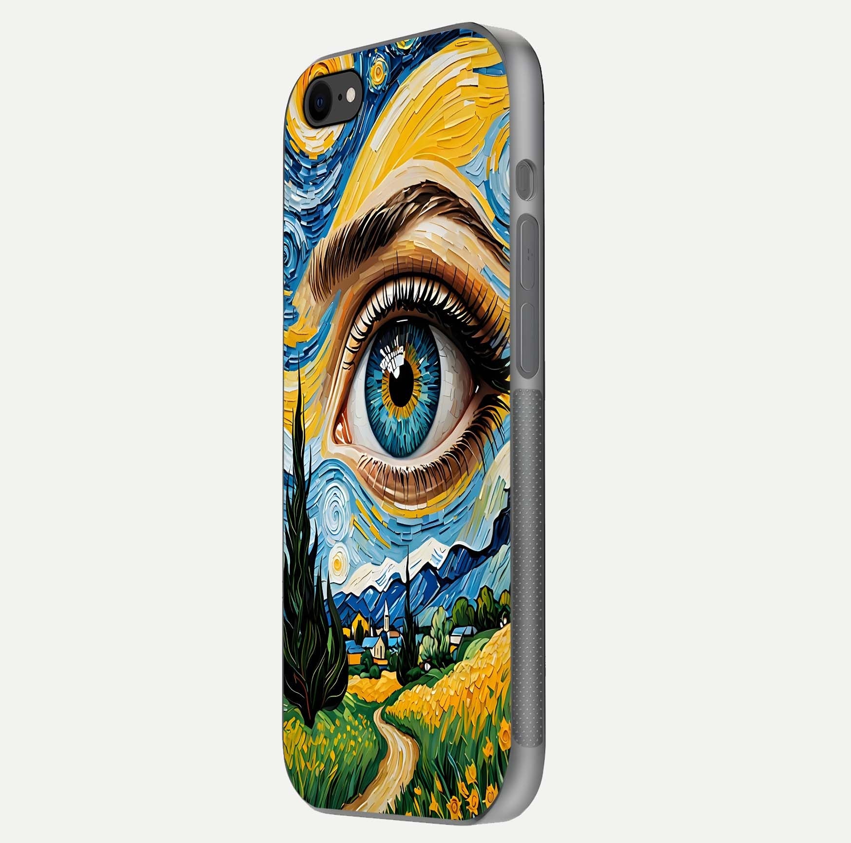 Van Gogh Eye Glass Case for iPhone 16 Pro side-angle image showing reflection, gloss, and artistic contrast