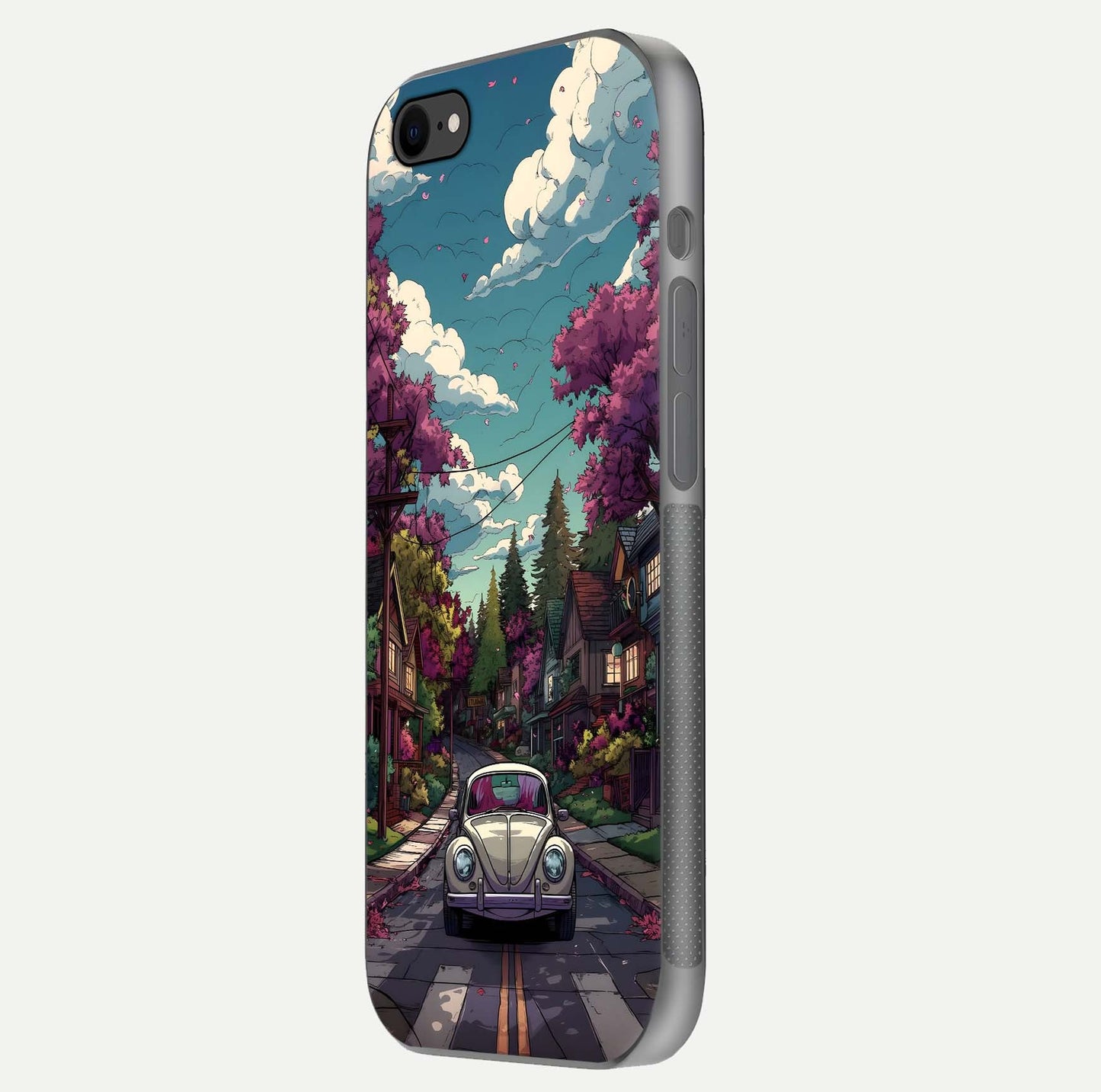 Vintage Street Drive Glass Case for iPhone 7 side-angle image showing gloss reflection and design detail