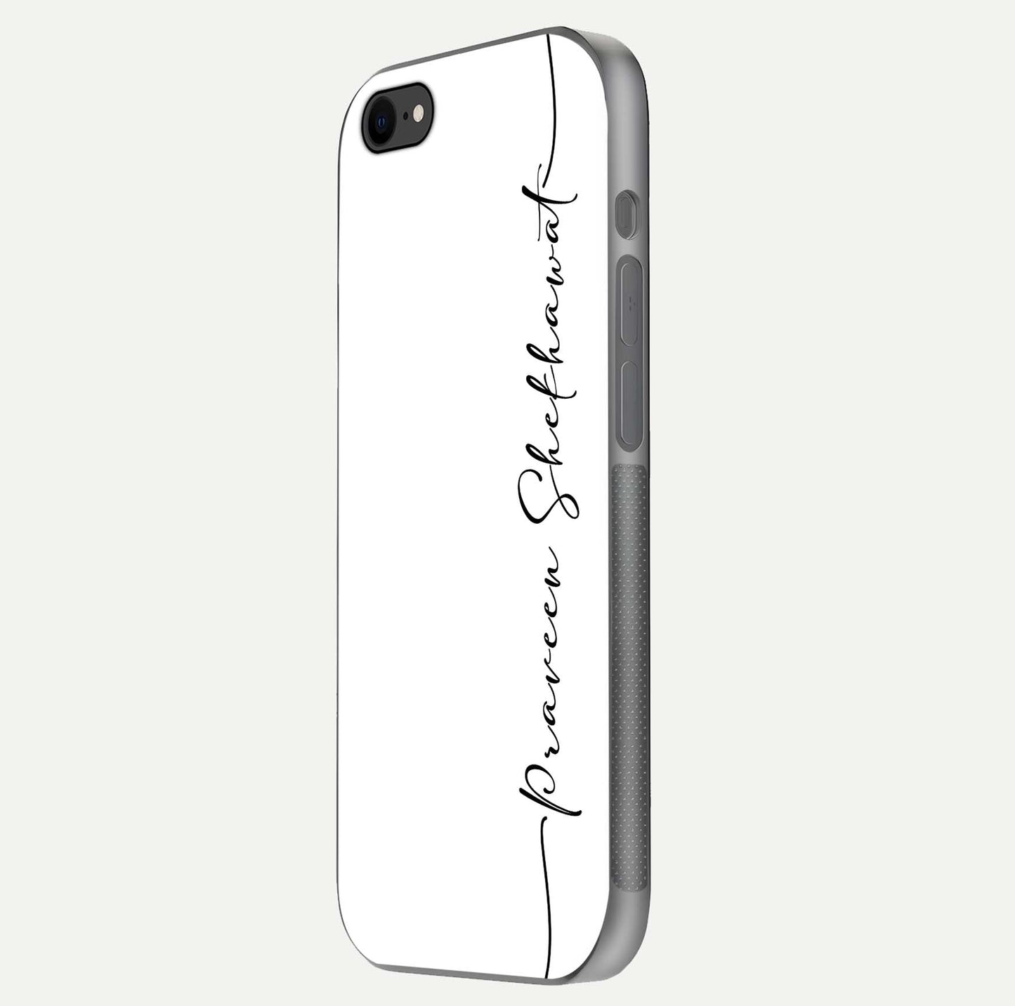 White Tune Custom Name Glass Case for iPhone 7 side-angle image showing shine, gloss, and minimal tone