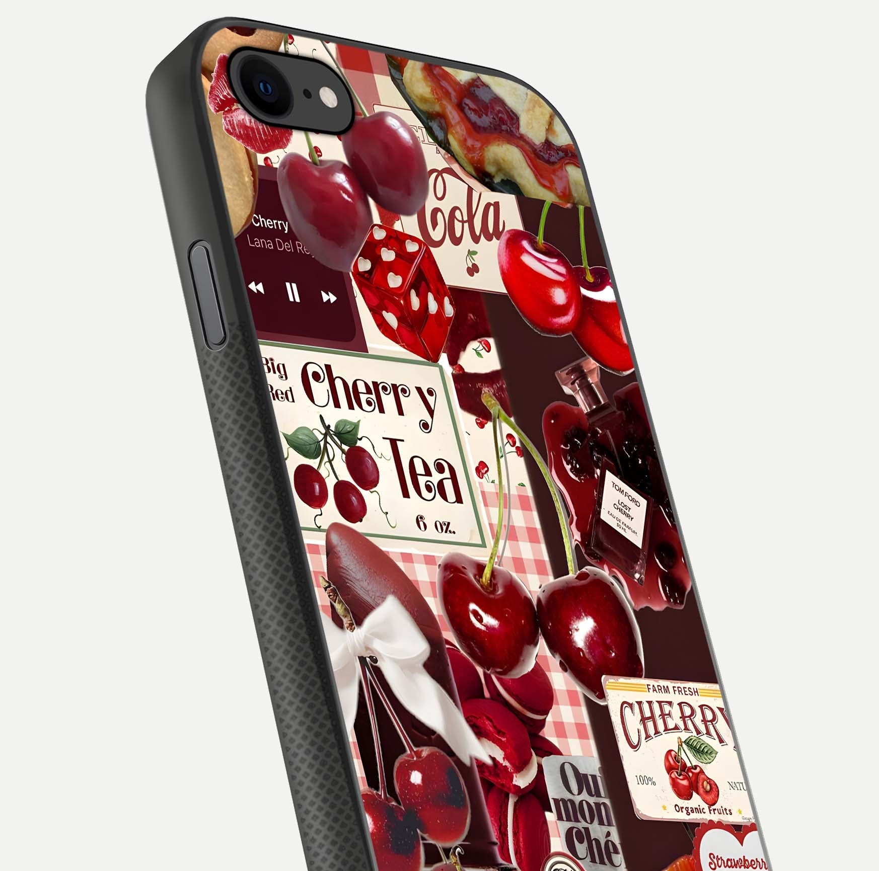 Aesthetic Cherry Tea Glass Case for iPhone 16 Pro close-up angled shot showing detailed cherry artwork, red tones, and gloss reflection