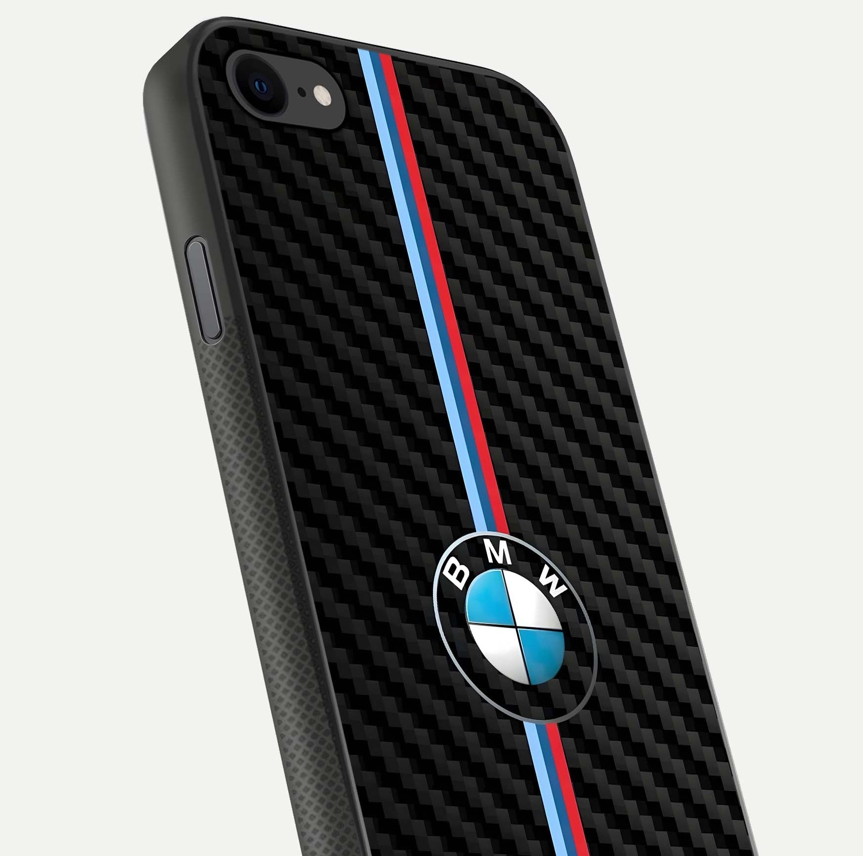 BMW Pattern Glass Case for iPhone 7 close-up angle showing BMW logo detailing and high-reflect gloss texture