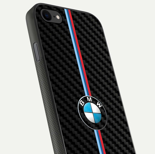 BMW Pattern Glass Case for iPhone 7 close-up angle showing BMW logo detailing and high-reflect gloss texture