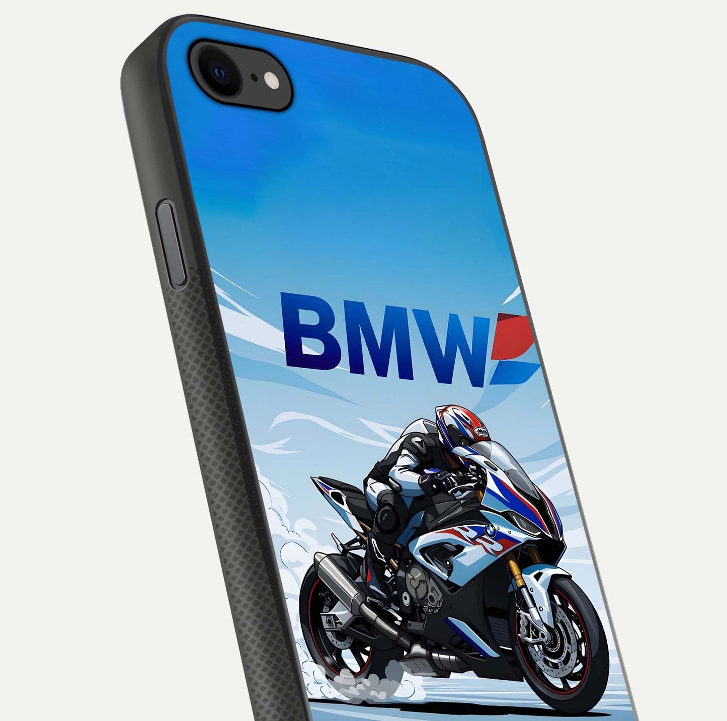 BMW Power Drift Glass Case for iPhone 7 close-up view highlighting motion streaks and gloss shine