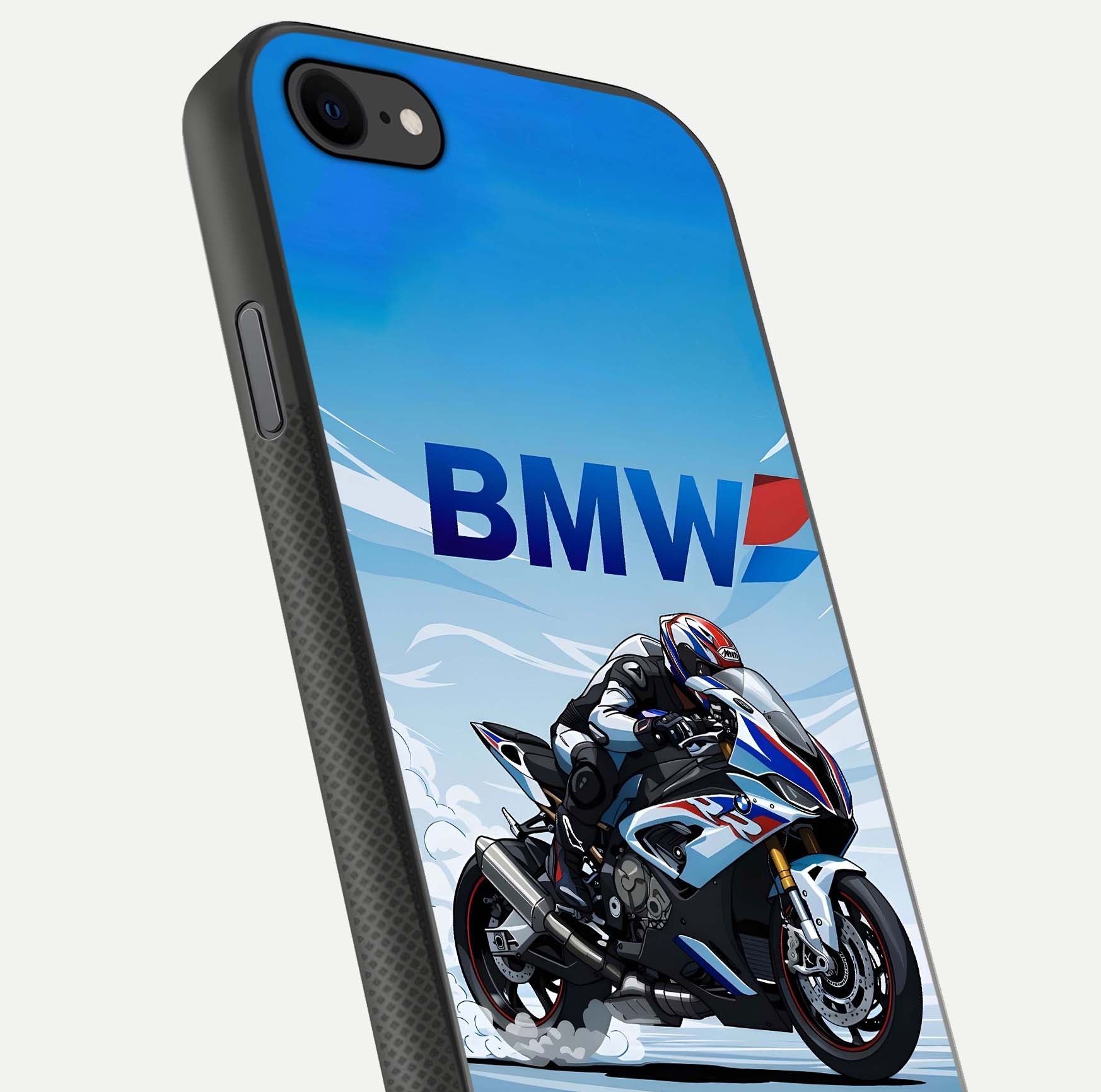 BMW Power Drift Glass Case for iPhone 7 close-up view highlighting motion streaks and gloss shine