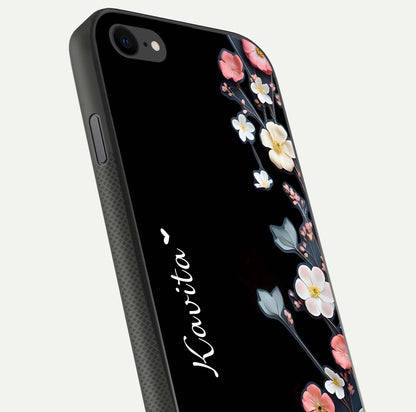 Black Elegance Floral Custom Name Glass Case for iPhone 7 close-up shot showing rose detailing and elegant reflection