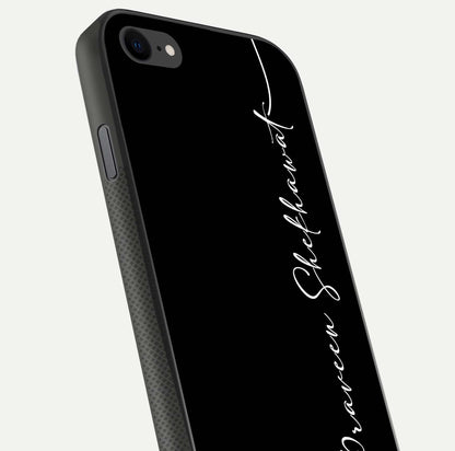 Black Tune Custom Name Glass Case for iPhone 7 close-up shot highlighting sleek monochrome design and reflection