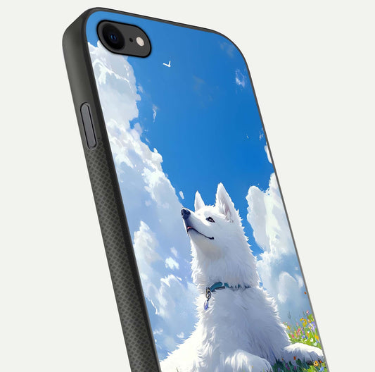 Blissful Cloud Pup Glass Case for iPhone 7 close-up image highlighting puppy details and glossy reflection