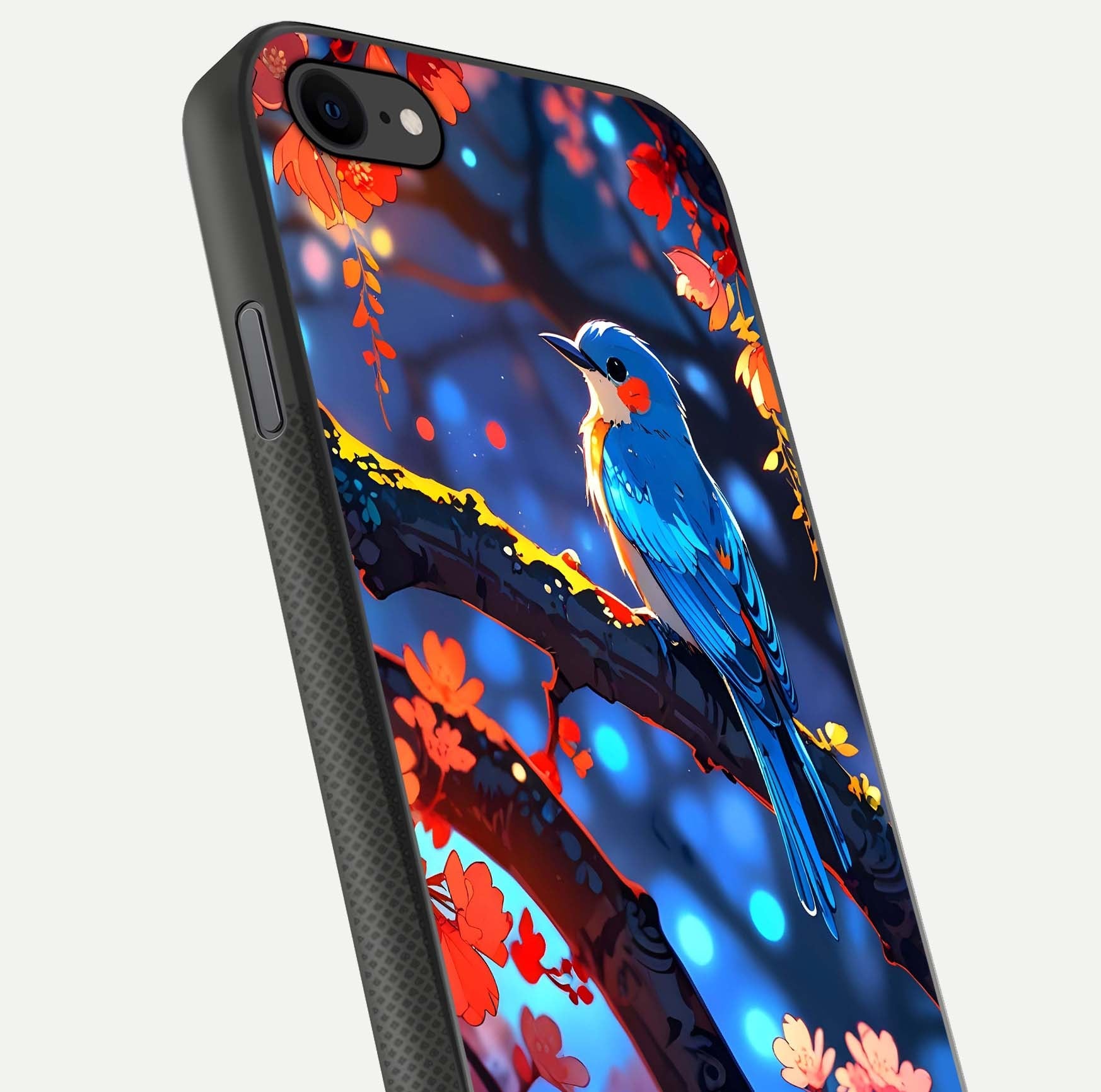 Blooming Spendor Bird Glass Case for iPhone 7 close-up shot highlighting bird design details and glossy shine