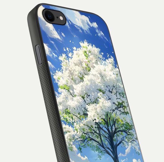 Blossom Sky Serenity Glass Case for iPhone 7 close-up highlighting calming flower details and reflection gloss