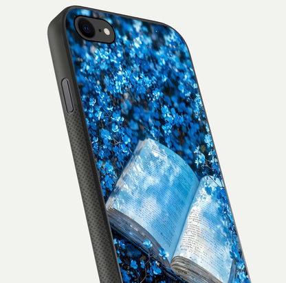 Blue Bloom Tales Glass Case for iPhone 7 close-up angle showing petal texture and blue tone reflection