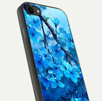 Blue Blossoms Branch Glass Case for iPhone 7 close-up angle highlighting petal details and reflection gloss