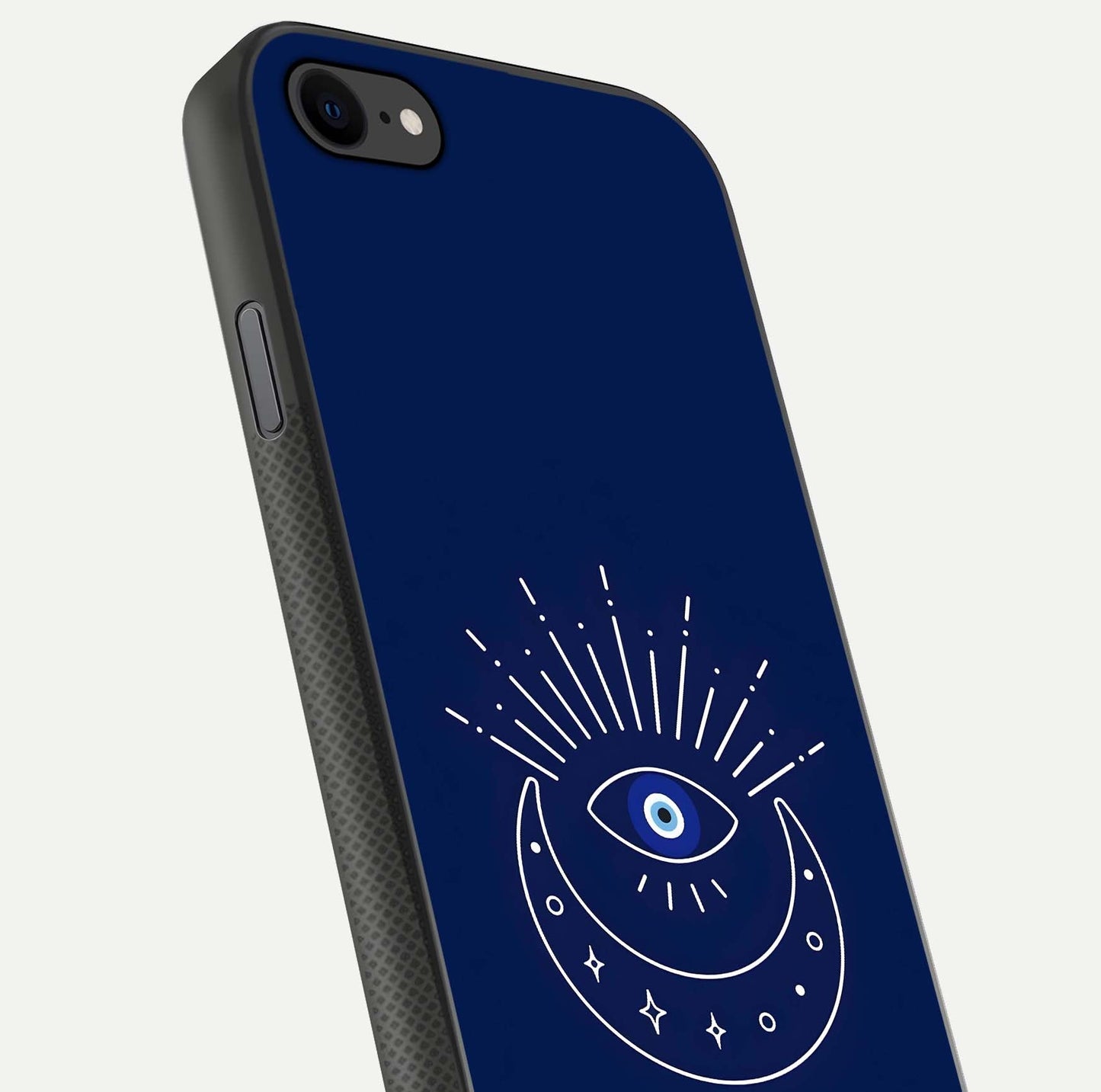 Blue Evil Eye Glass Case for iPhone 7 close-up shot highlighting eye motif, protection symbol, and glass shine