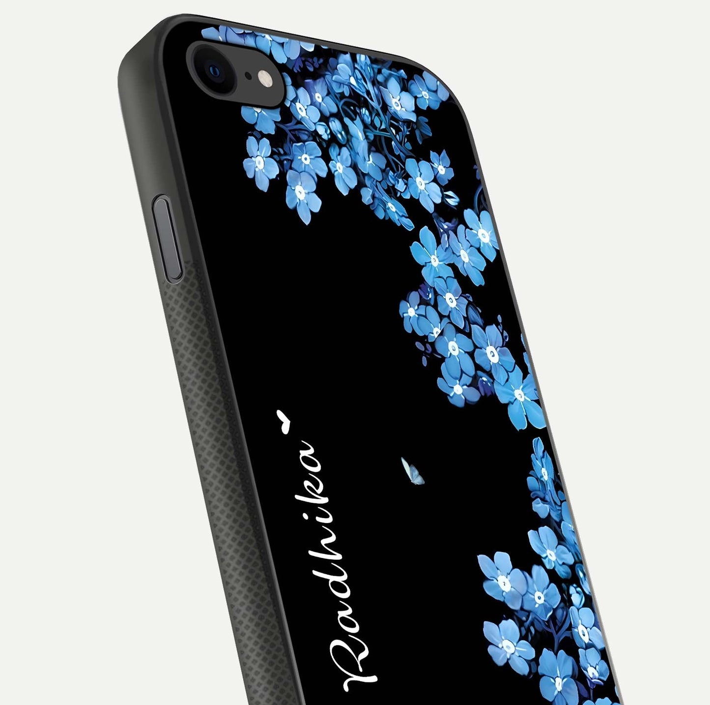 Blue Petal Dream Custom Name Glass Case for iPhone 7 close-up highlighting petal texture and gloss reflection