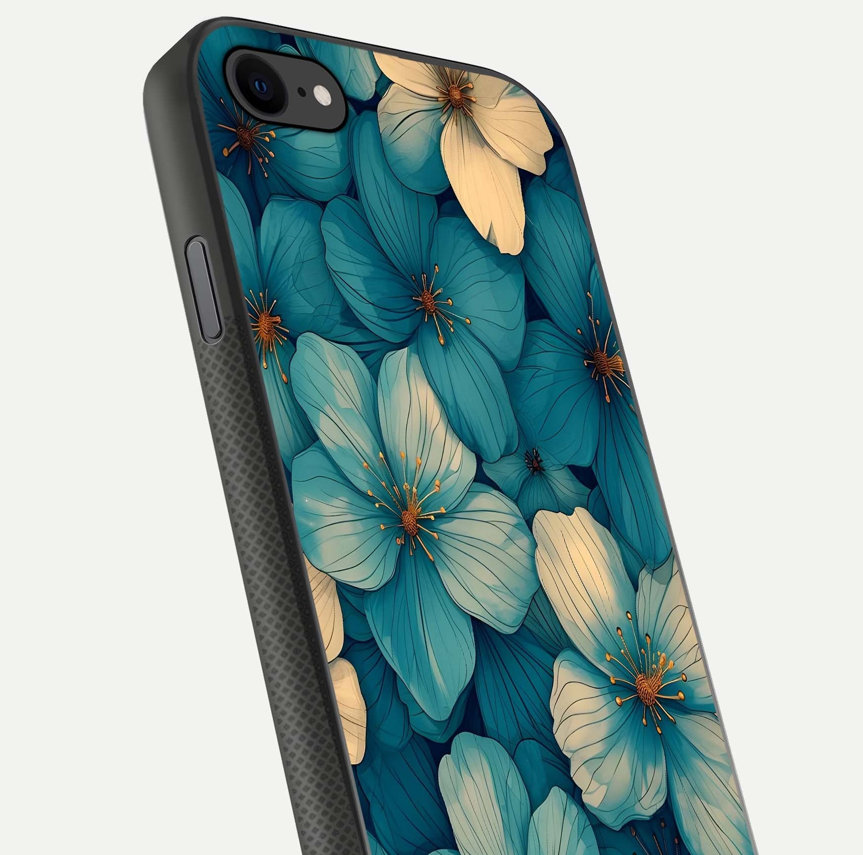 Blue Shade Floral Glass Case for iPhone 7 close-up angle showing flower print precision and reflection