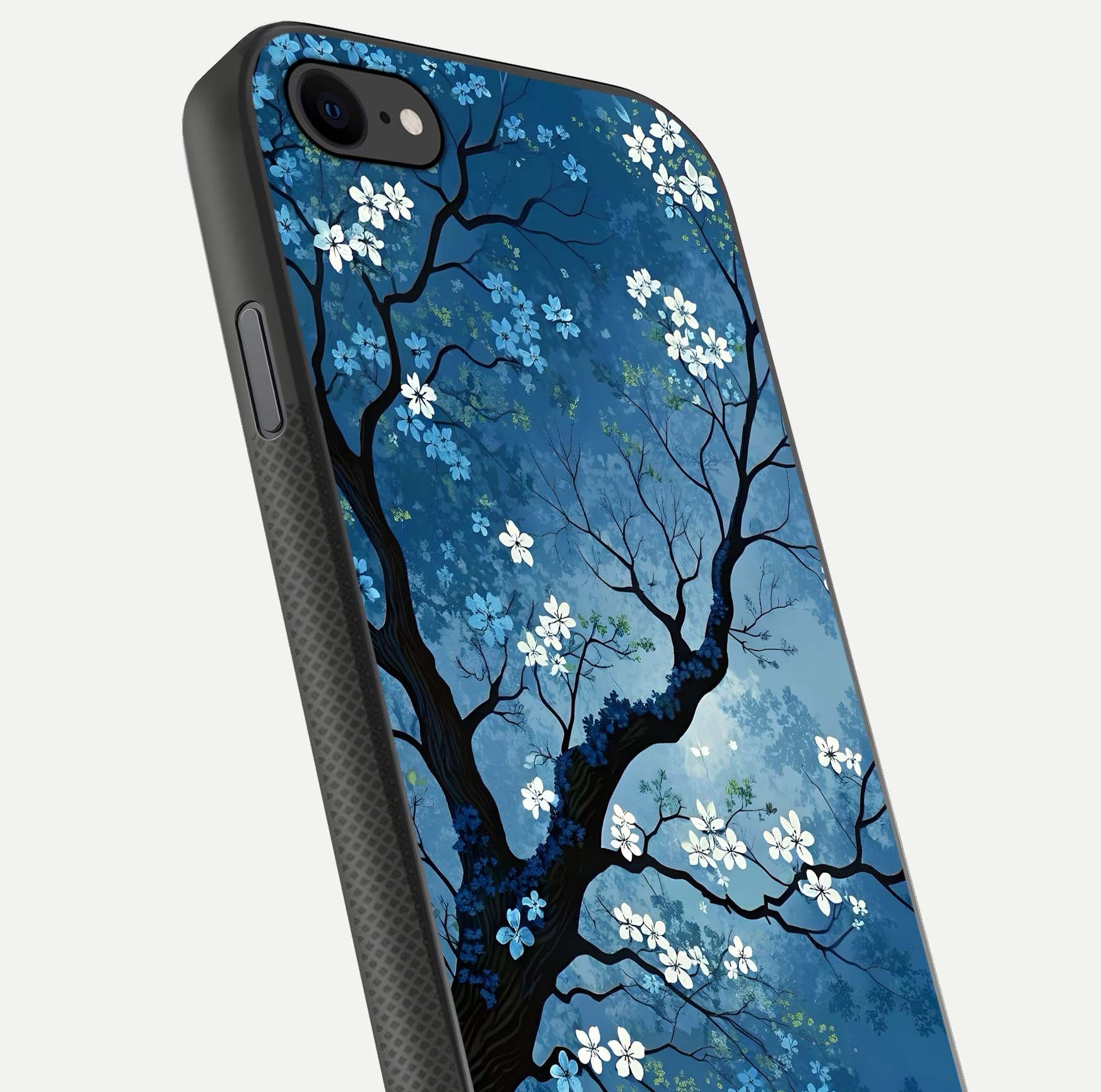 Blue Tree Serenity Glass Case for iPhone 7 close-up view highlighting tree branches and reflection gloss