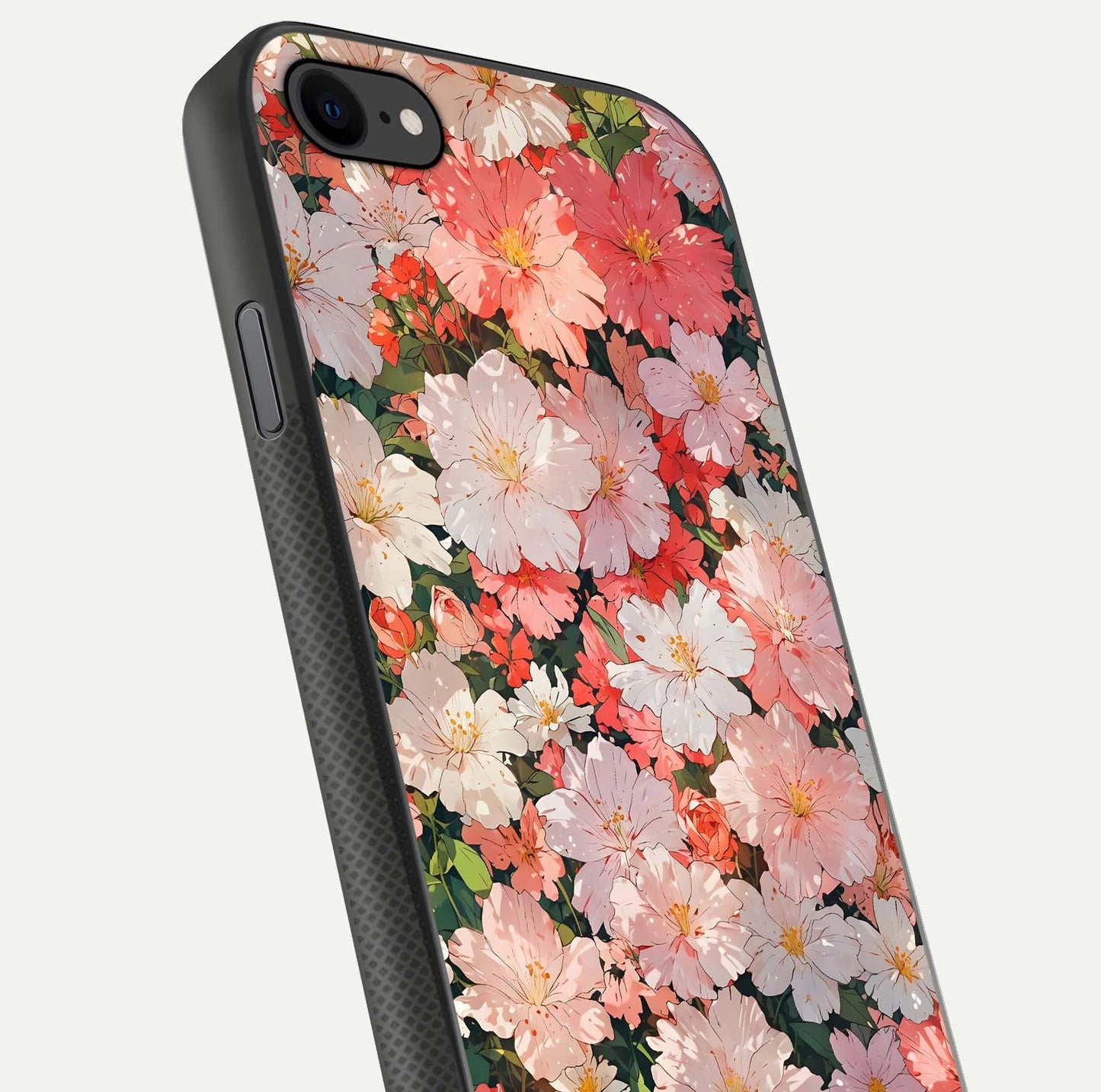 Blush Bloom Field Glass Case for iPhone 7 close-up shot capturing pastel flower field tones and gloss shine