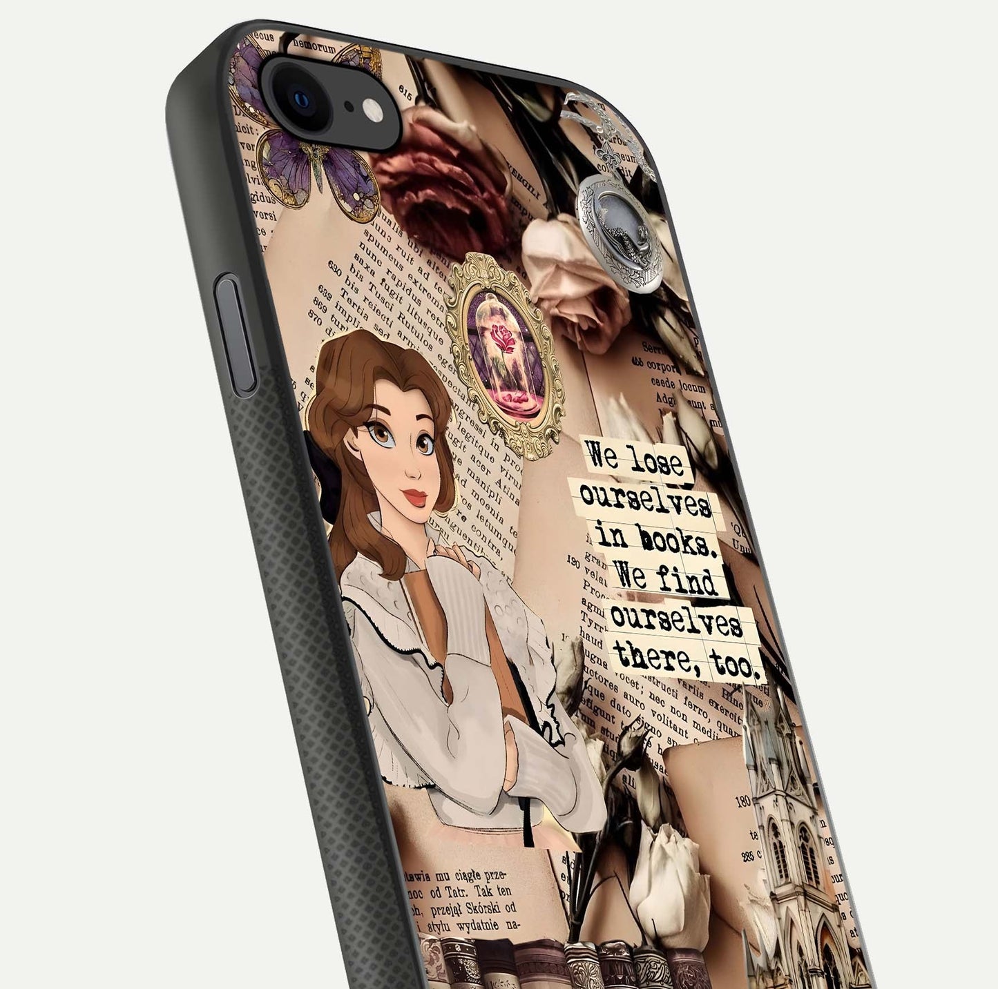 Bookish Dream World Glass Case for iPhone 7 close-up shot highlighting book elements and reflection gloss