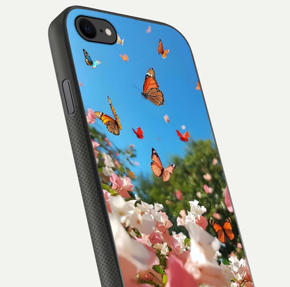 Butterflies in Bloom Sky Glass Case for iPhone 7 close-up shot showing wings, petal reflections, and soft hues