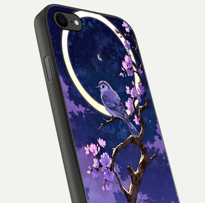 Celestial Bird Blossom Glass Case for iPhone 7 close-up capturing bird detail, petal reflection, and gloss shine